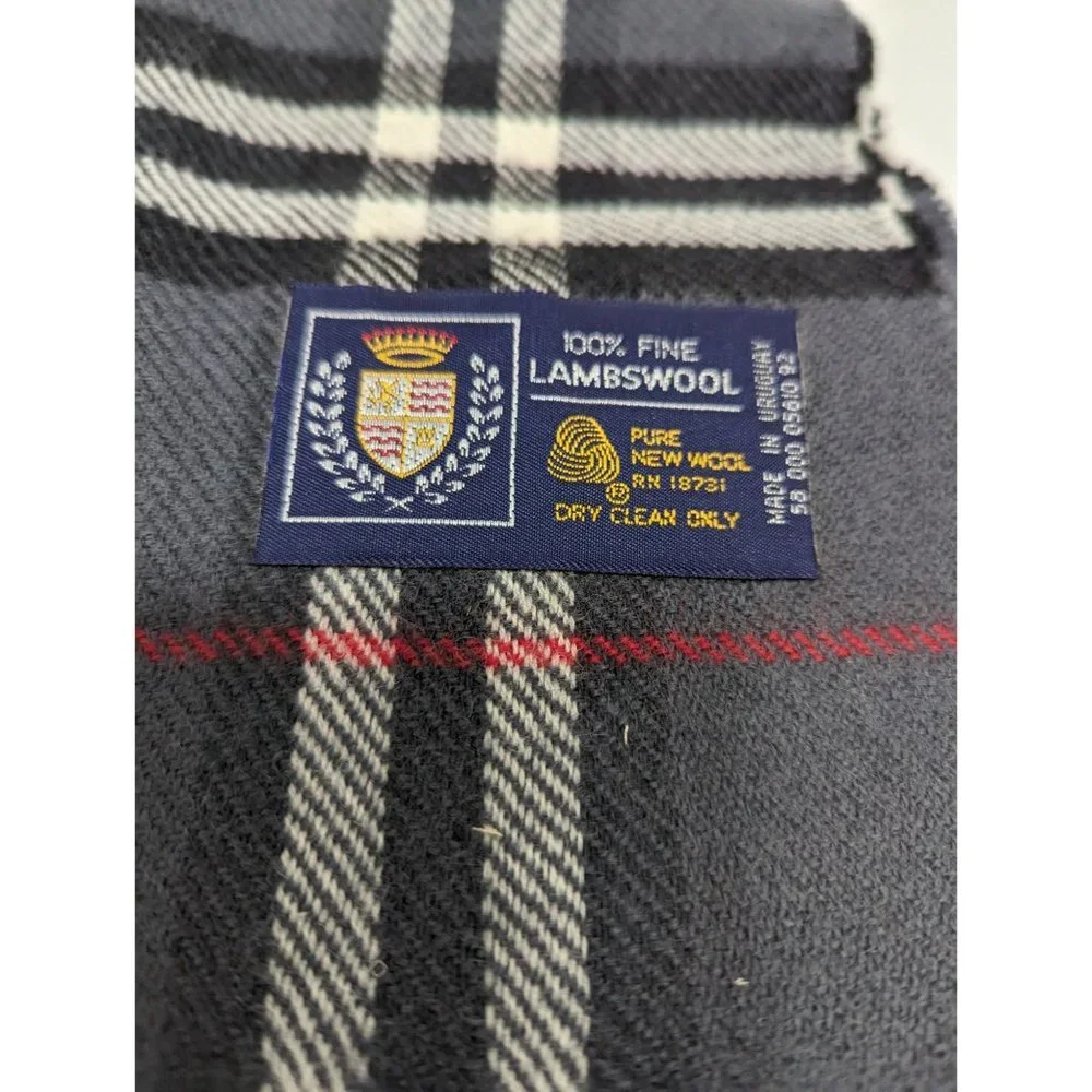 Van Heusen 100%‎ new lambs wool scarf rn 18731 70s 80s gray check fringe w/ box